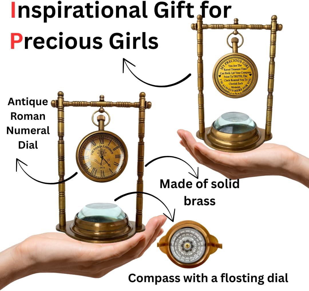 Brass Desk Clock with Working Compass view 2