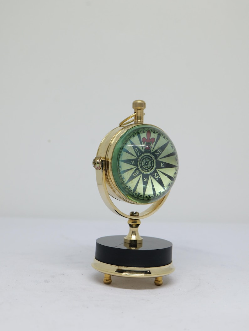 Vintage Brass Desk Clock with Compass Dial Back view 4