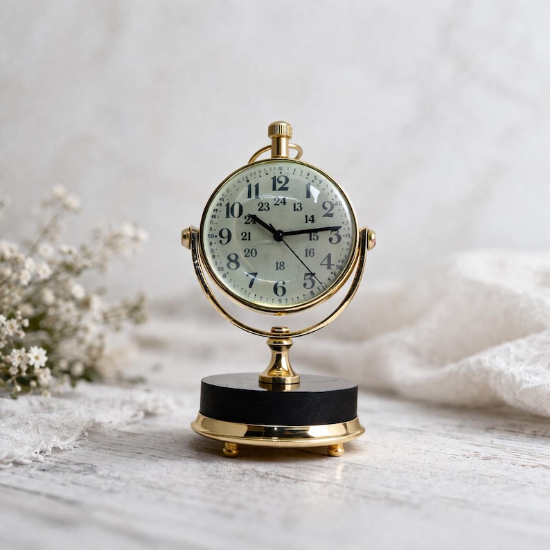 Vintage Brass Desk Clock with Compass Dial Back view 5
