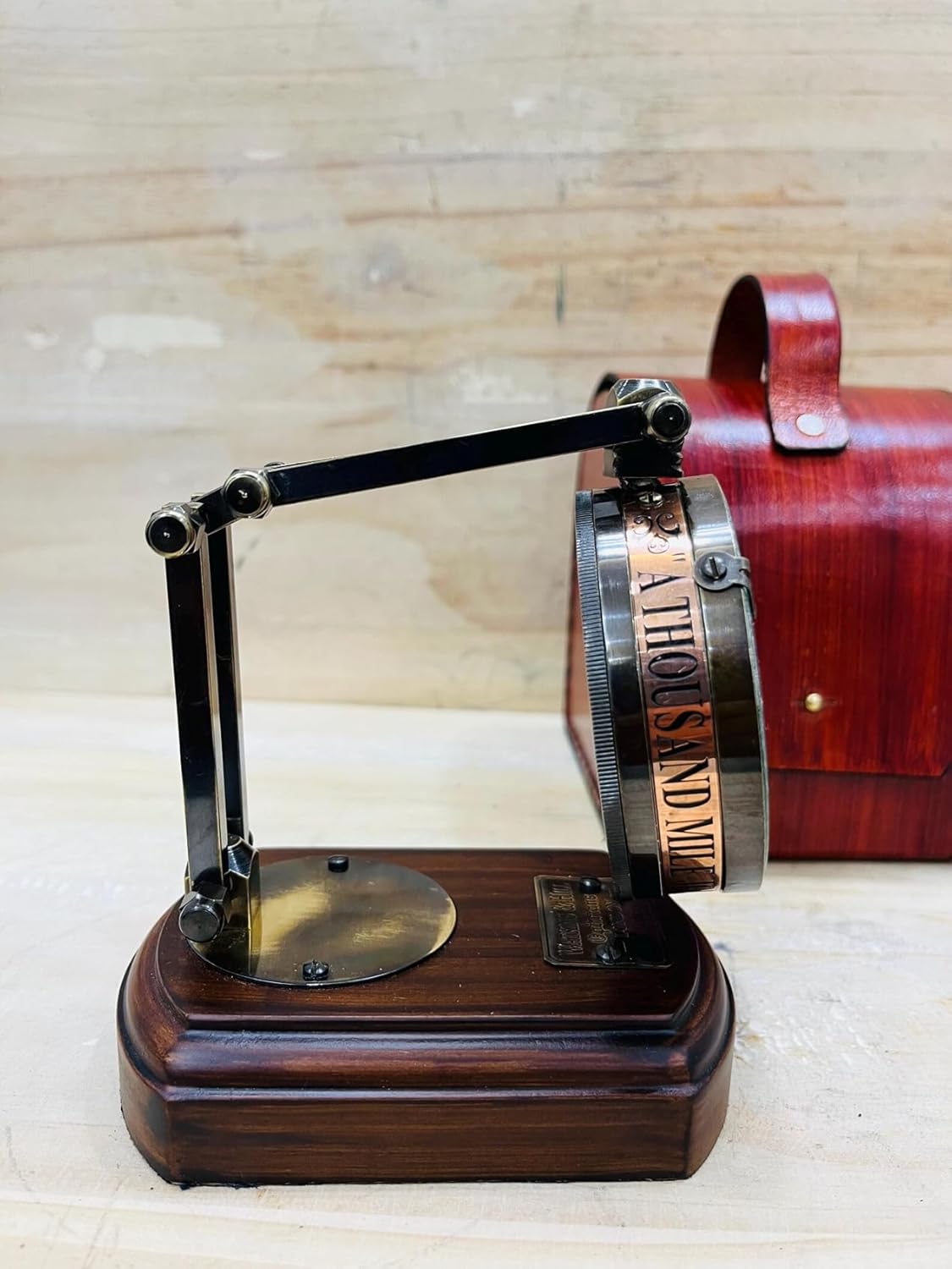 Foldable Brass Desk Clock with Red Leather Case view 2