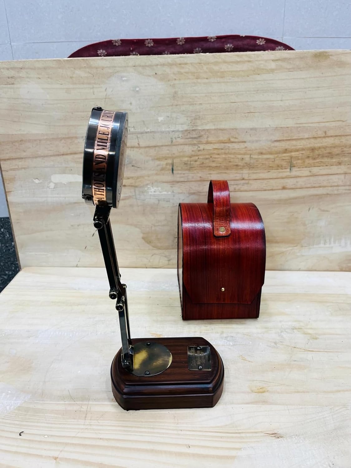 Foldable Brass Desk Clock with Red Leather Case view 6
