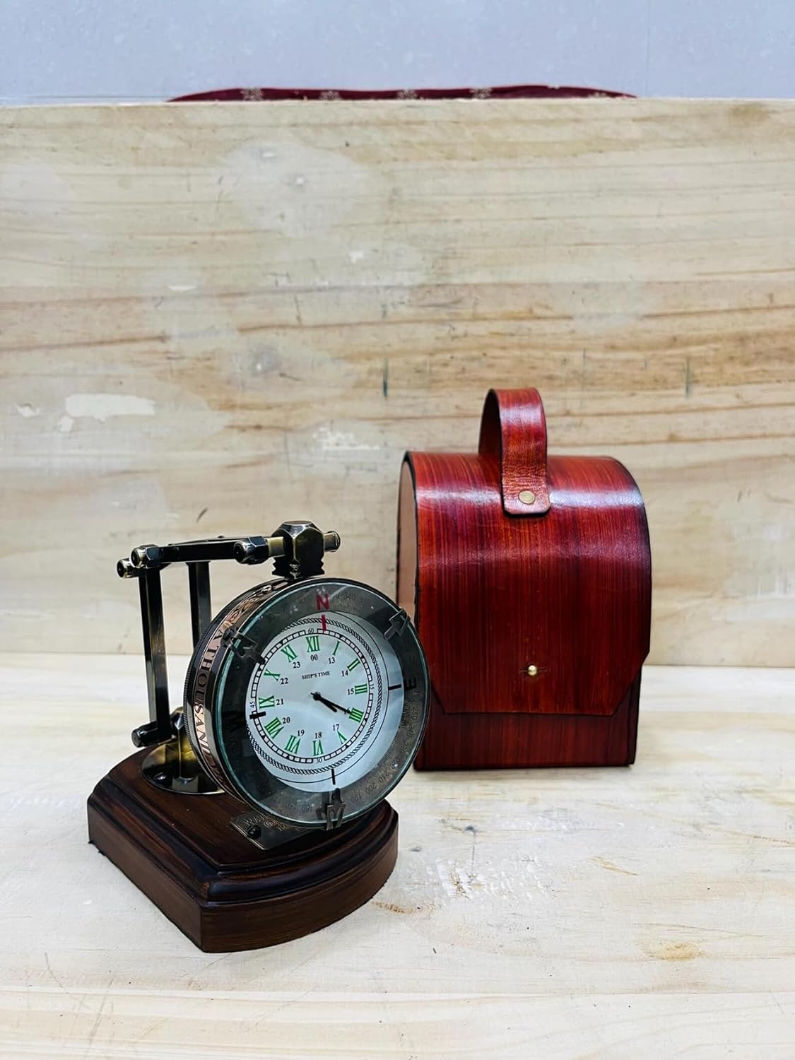 Foldable Brass Desk Clock with Red Leather Case view 7