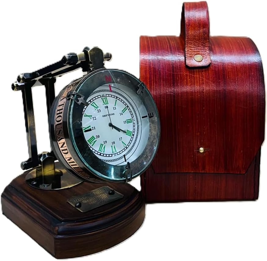 Foldable Brass Desk Clock with Red Leather Case view 9