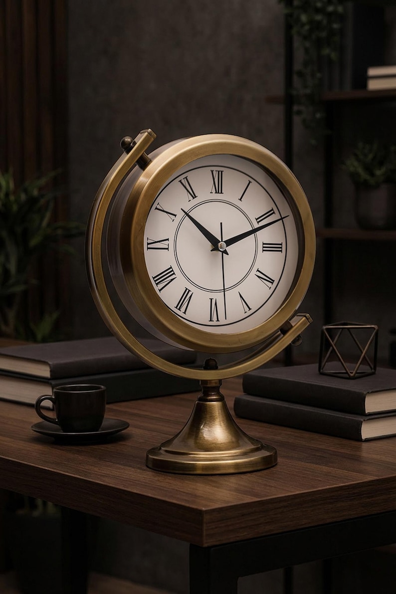 Brass Desk Clock on Twisting Globe Stand view 2