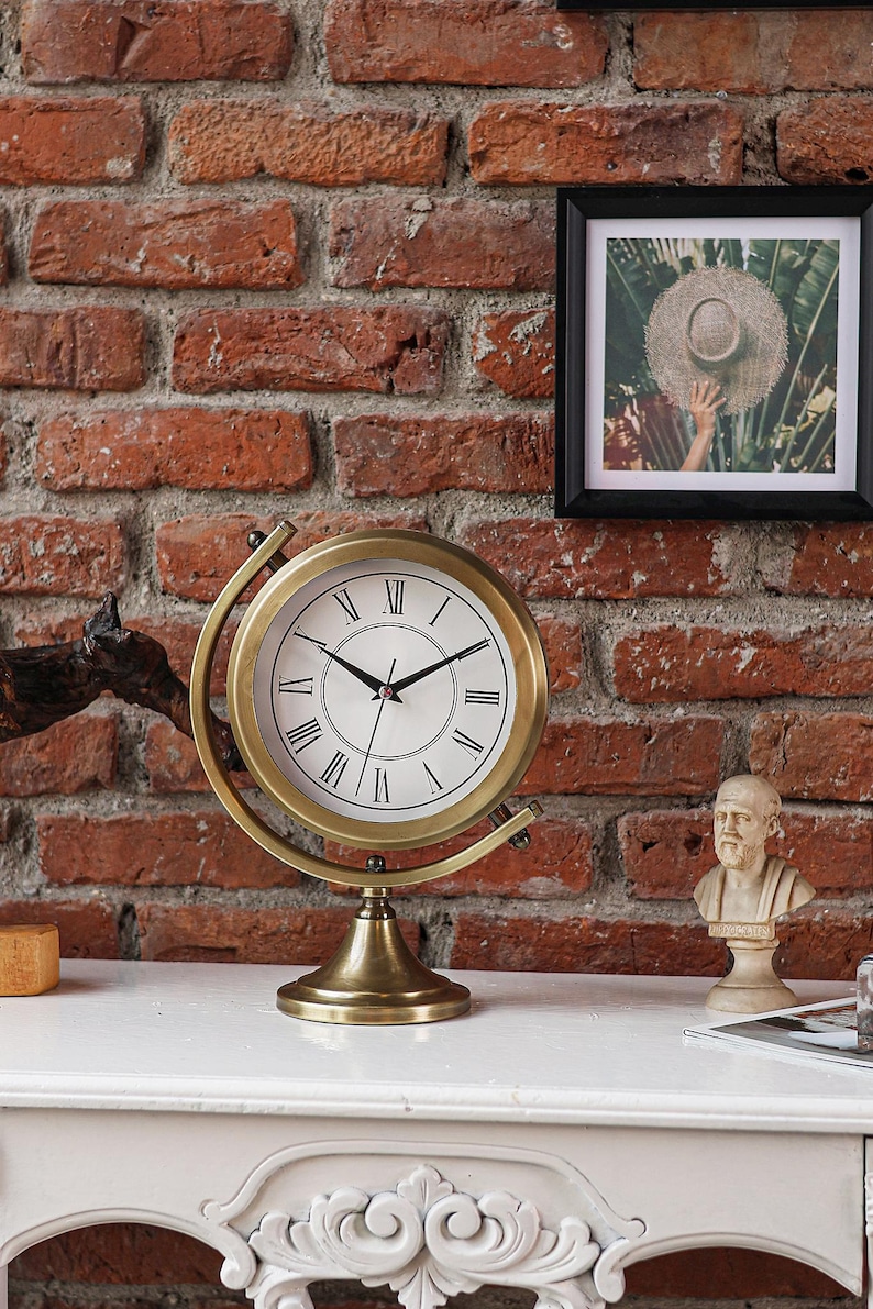 Brass Desk Clock on Twisting Globe Stand view 3