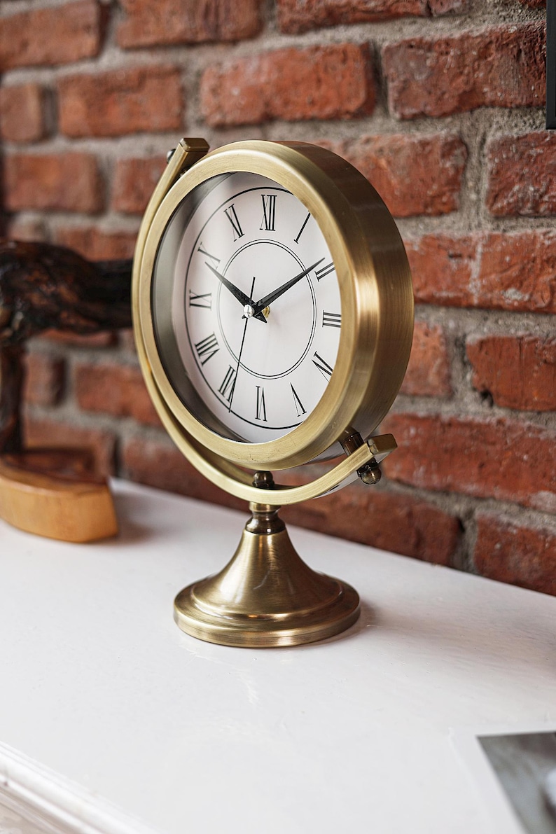 Brass Desk Clock on Twisting Globe Stand view 4