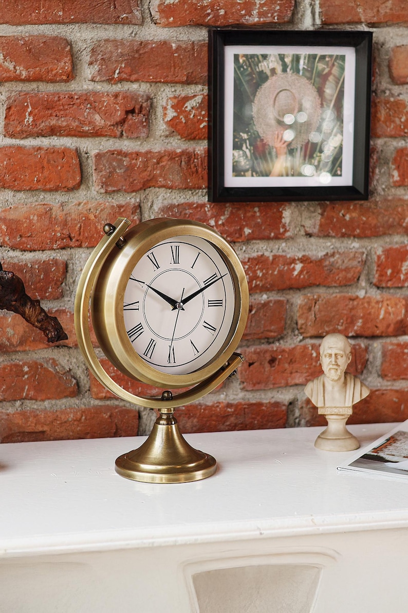 Brass Desk Clock on Twisting Globe Stand view 5