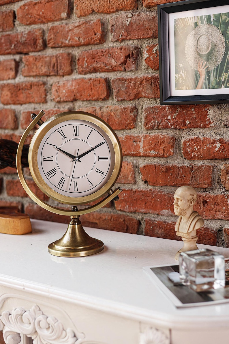 Brass Desk Clock on Twisting Globe Stand view 6