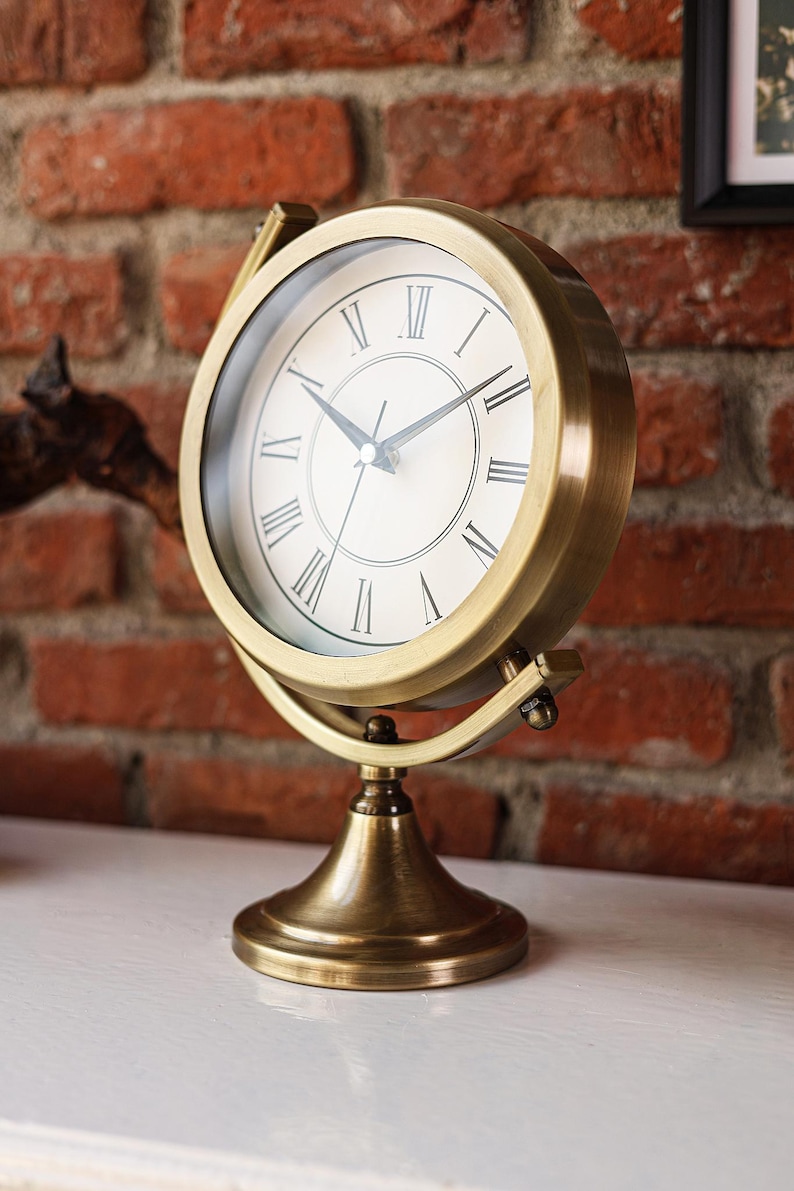 Brass Desk Clock on Twisting Globe Stand view 7
