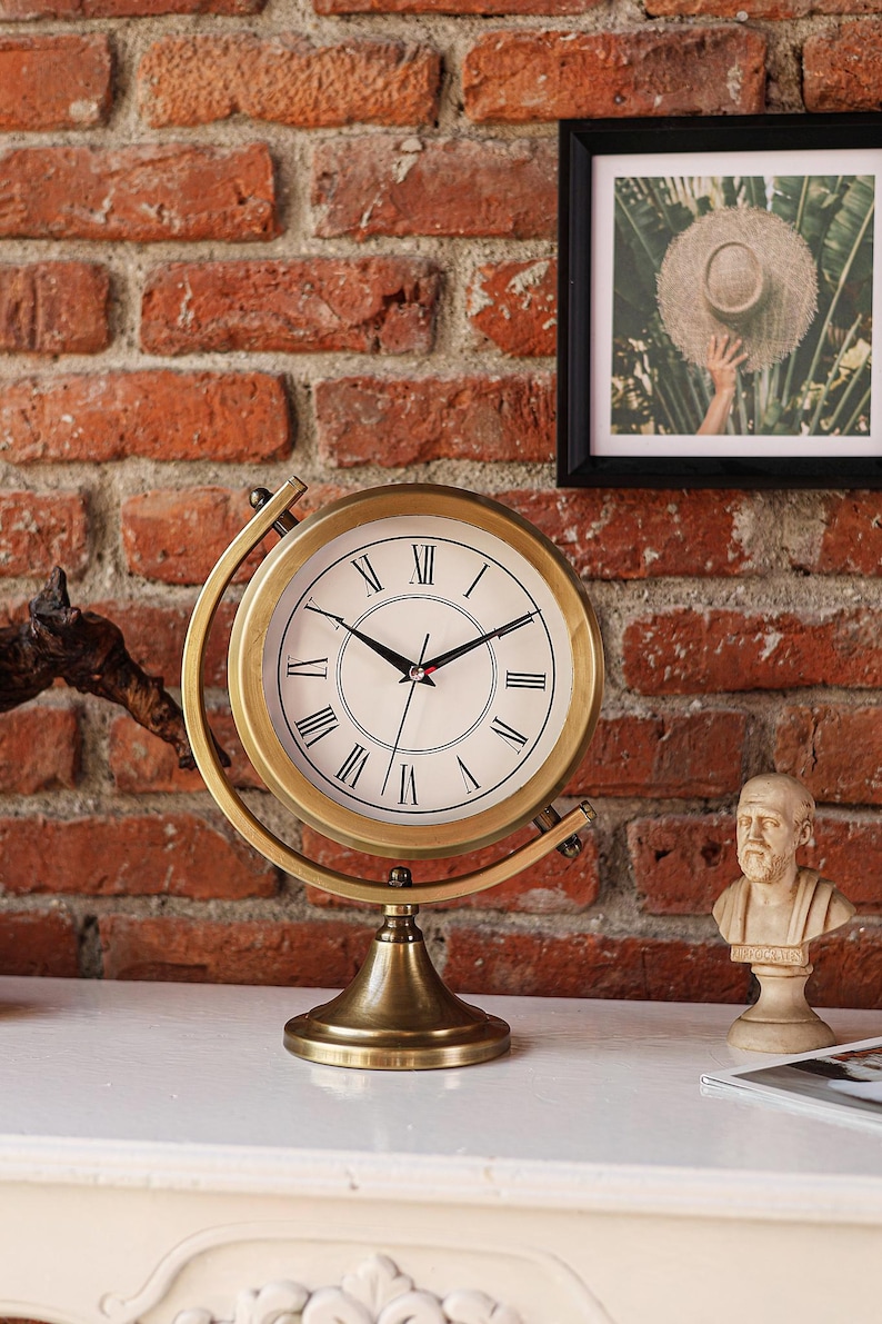 Brass Desk Clock on Twisting Globe Stand view 8