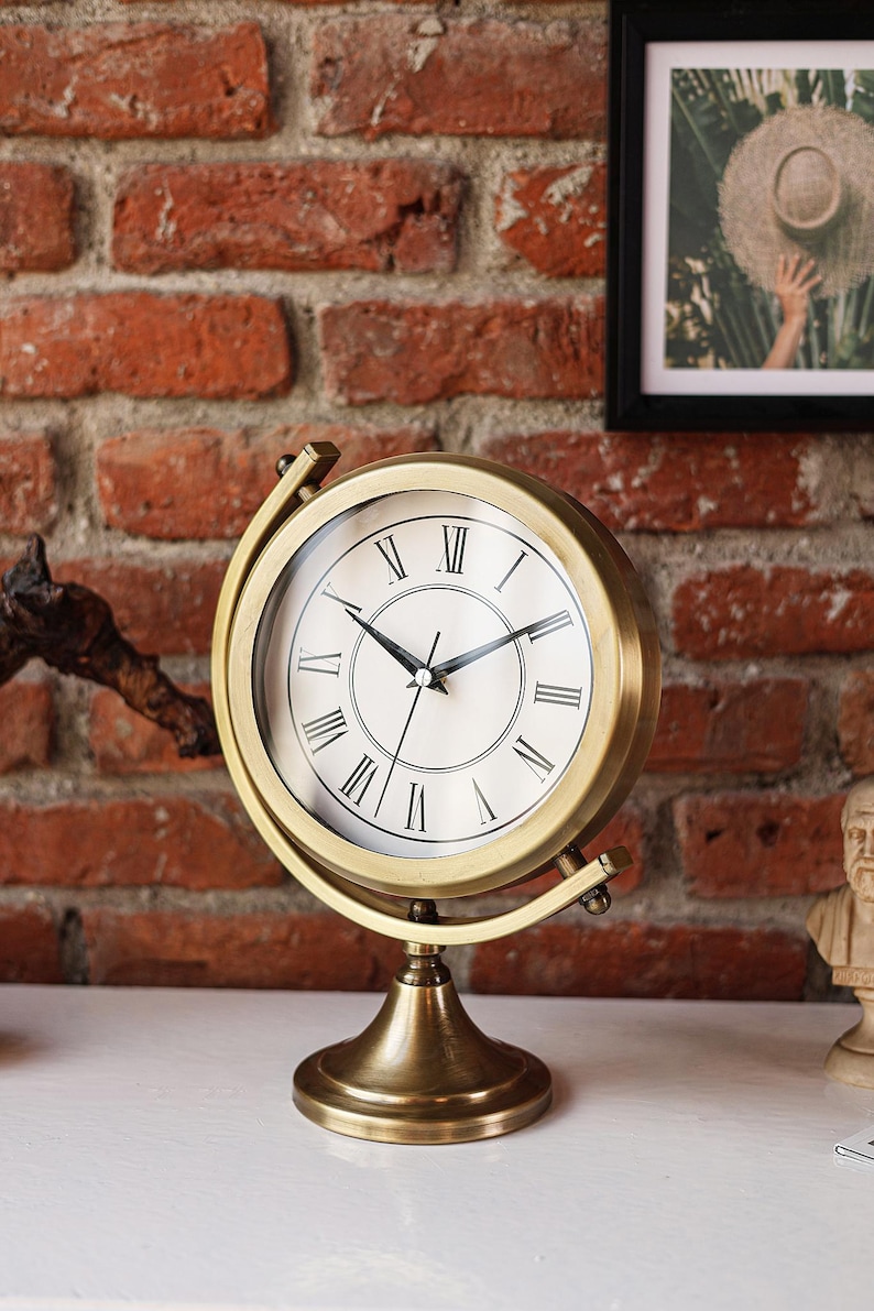 Brass Desk Clock on Twisting Globe Stand view 9