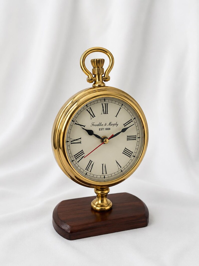 Tall Brass Desk Clock on Wooden Stand view 8