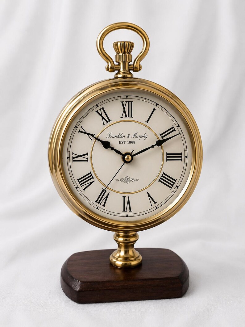 Tall Brass Desk Clock on Wooden Stand view 11