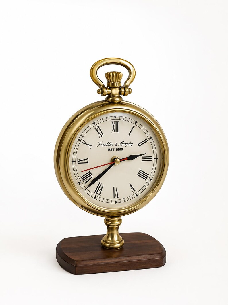 Tall Brass Desk Clock on Wooden Stand view 18