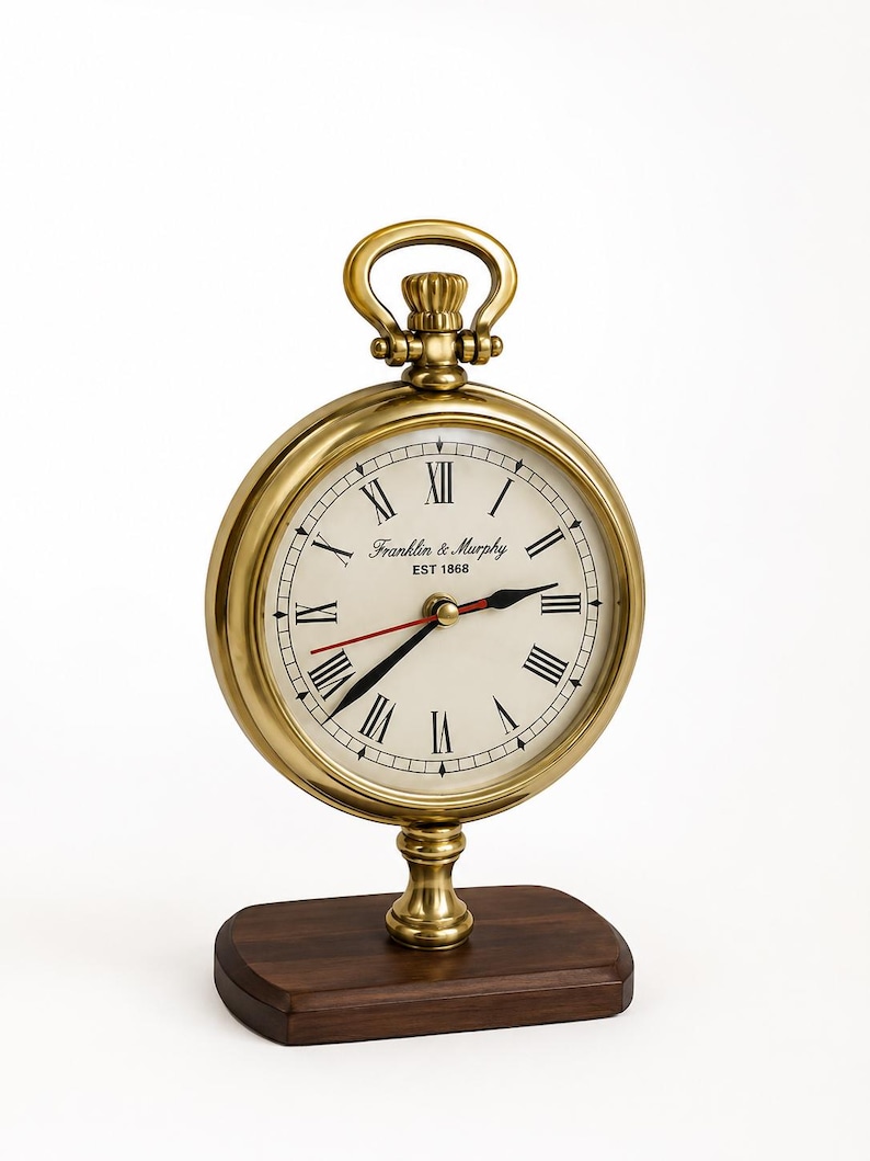 Tall Brass Desk Clock on Wooden Stand view 21