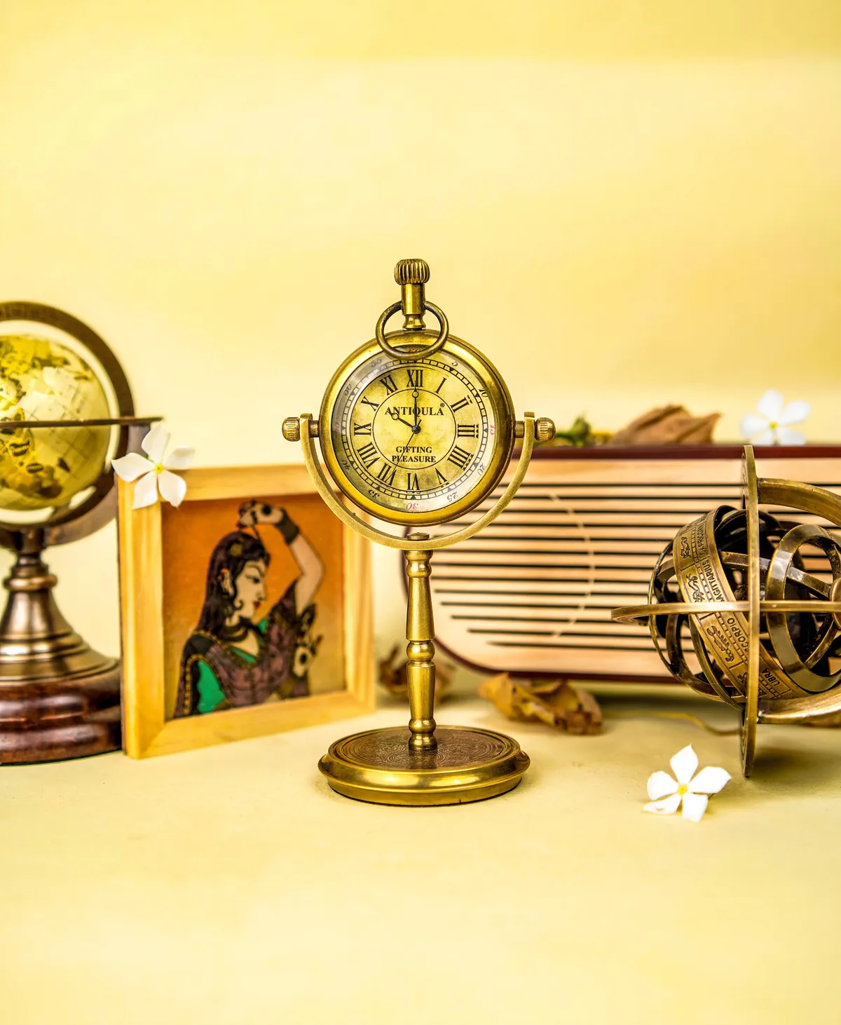 Brass Desk Clock on Single Rod Stand view 2