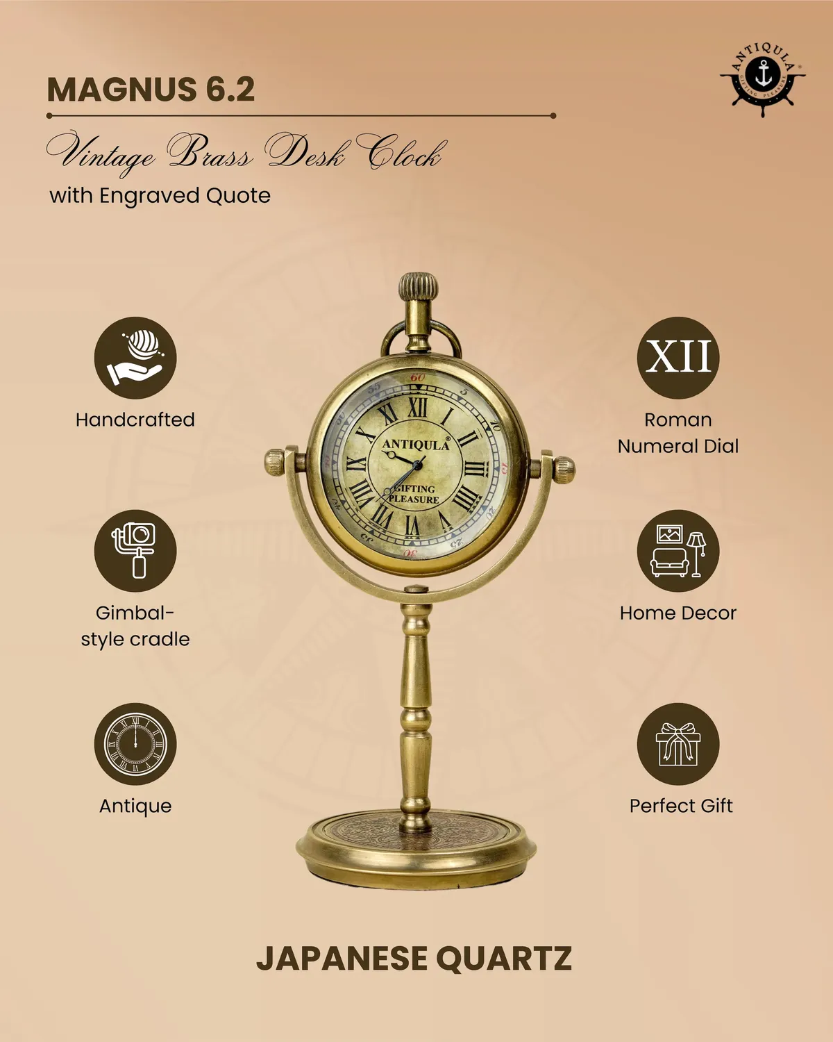 Brass Desk Clock on Single Rod Stand view 5
