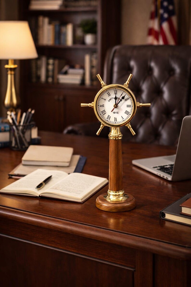 Ship Wheel Inspired Brass Desk Clock view 5