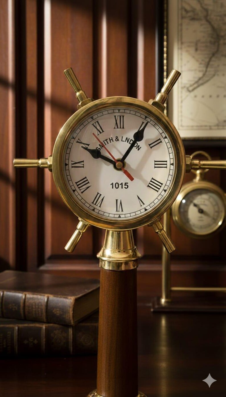 Ship Wheel Inspired Brass Desk Clock view 9