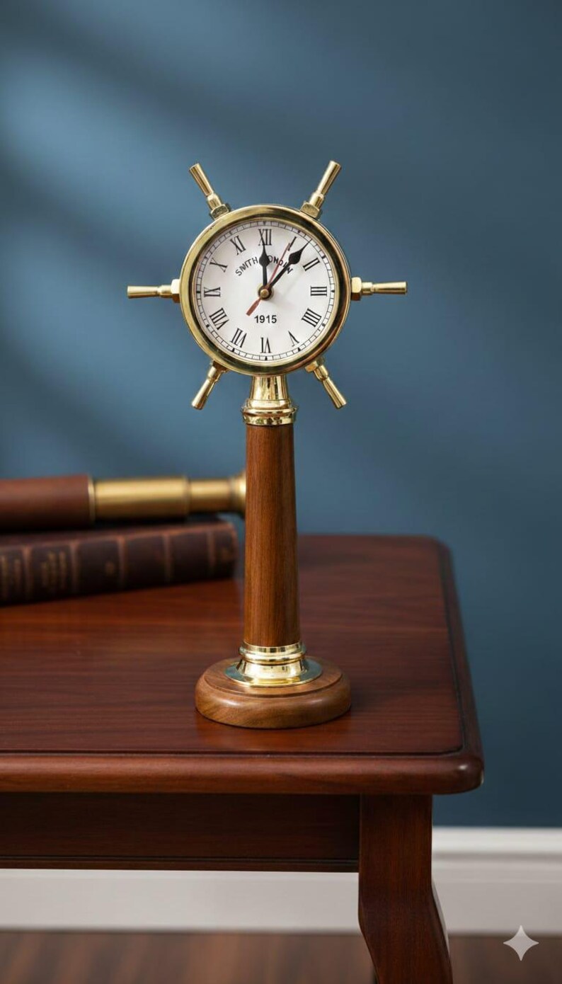 Ship Wheel Inspired Brass Desk Clock view 10