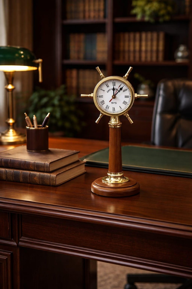 Ship Wheel Inspired Brass Desk Clock view 12