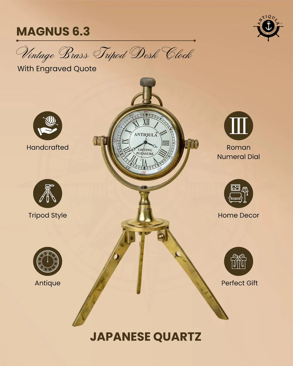 Brass Tripod Desk Clock, Foldable Stand view 6