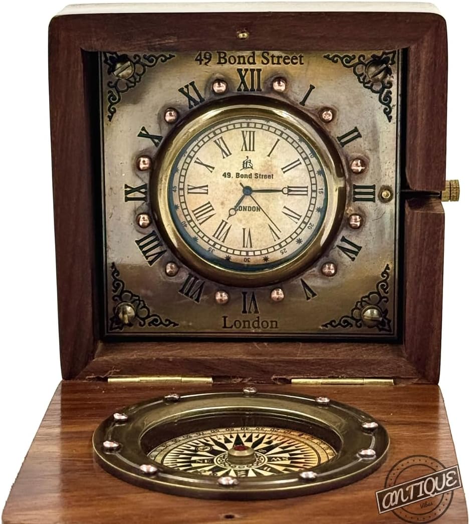 Foldable Rosewood Box Clock with Working Compass view 8