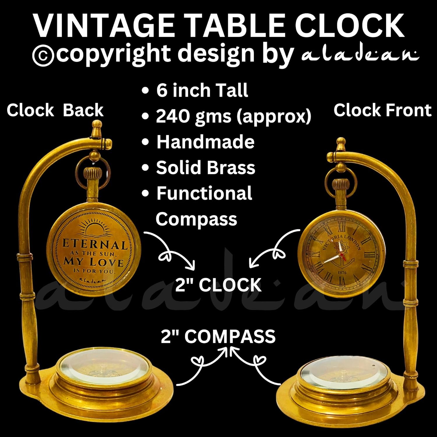 Brass Desk Clock with Working Compass, Victoria London Dial view 3