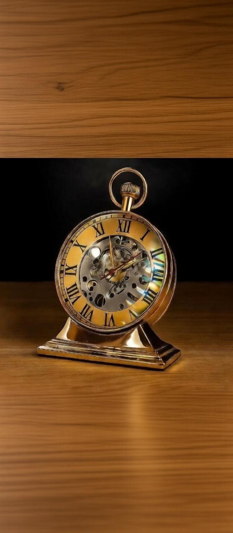 Vintage Brass Desk Clock with Round Glass view 4