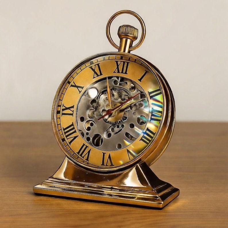Vintage Brass Desk Clock with Round Glass view 5