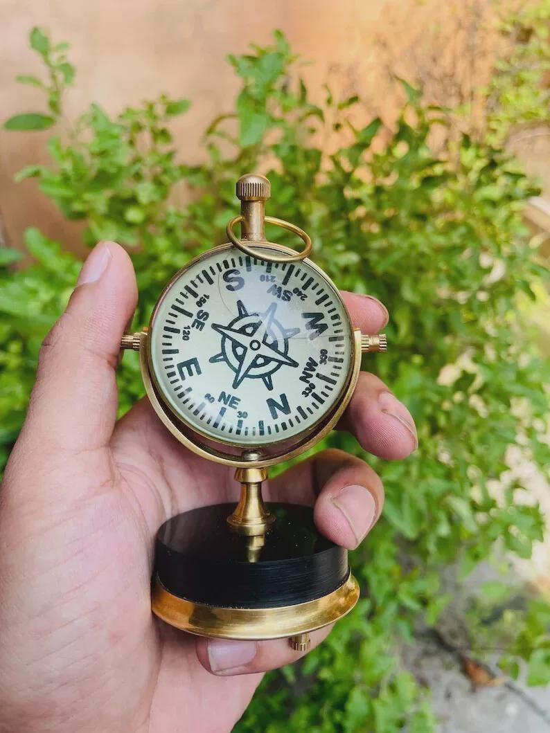Vintage Brass Desk Clock with Compass Dial Back view 2