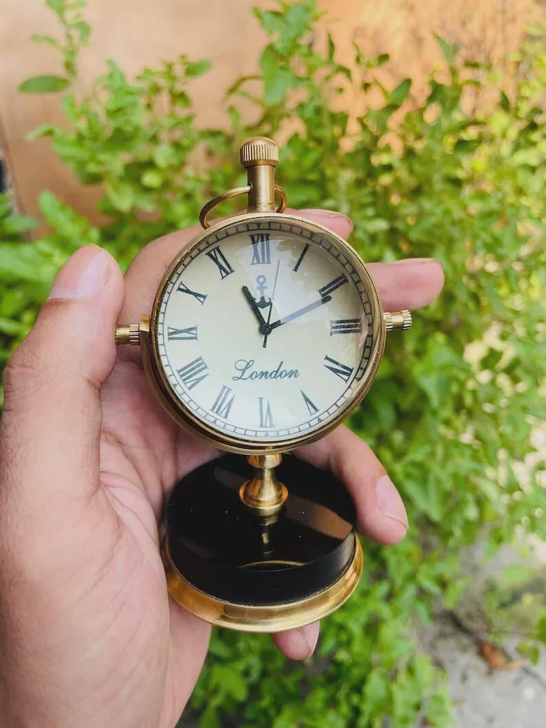 Vintage Brass Desk Clock with Compass Dial Back view 4