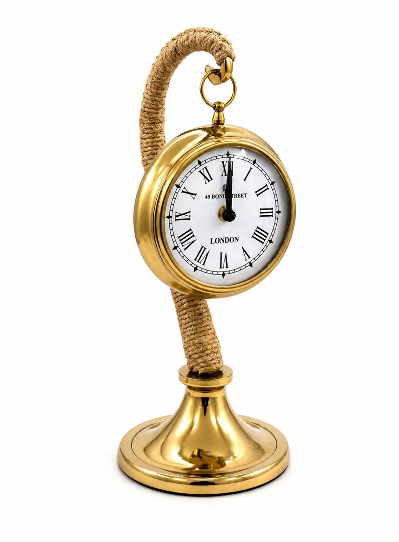 Brass Desk Clock with Rope Handle Stand view 2