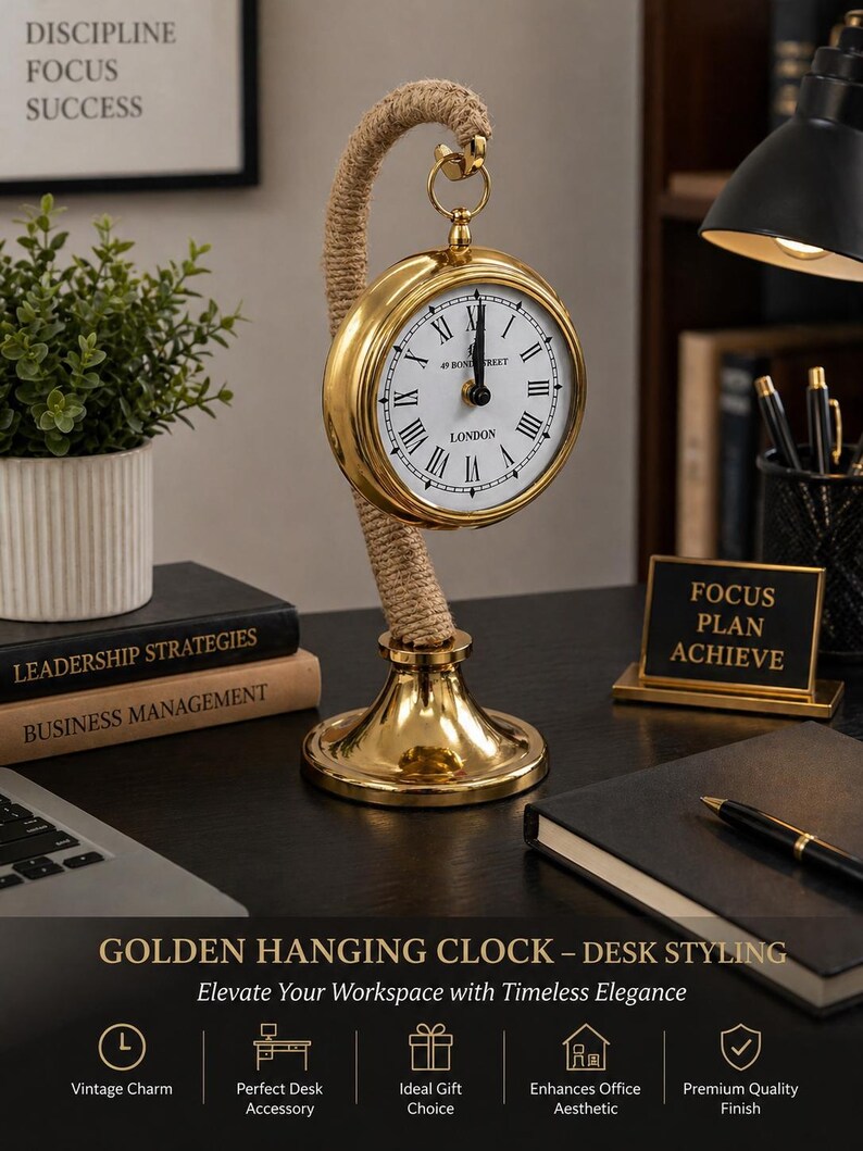 Brass Desk Clock with Rope Handle Stand view 4