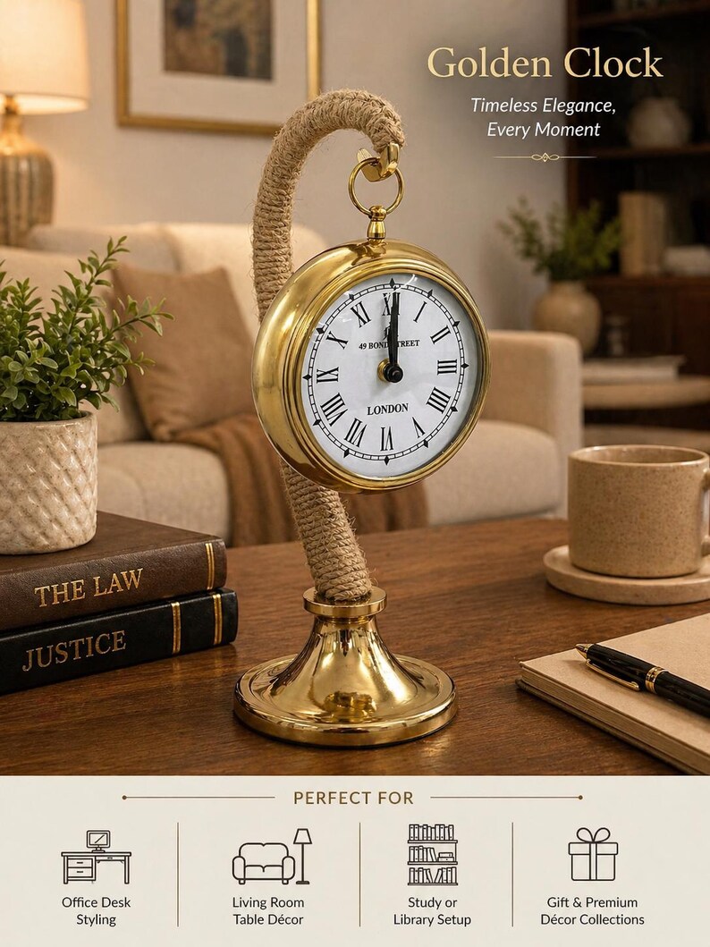 Brass Desk Clock with Rope Handle Stand view 12