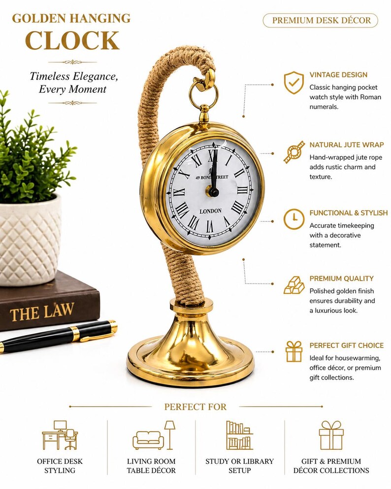 Brass Desk Clock with Rope Handle Stand view 18