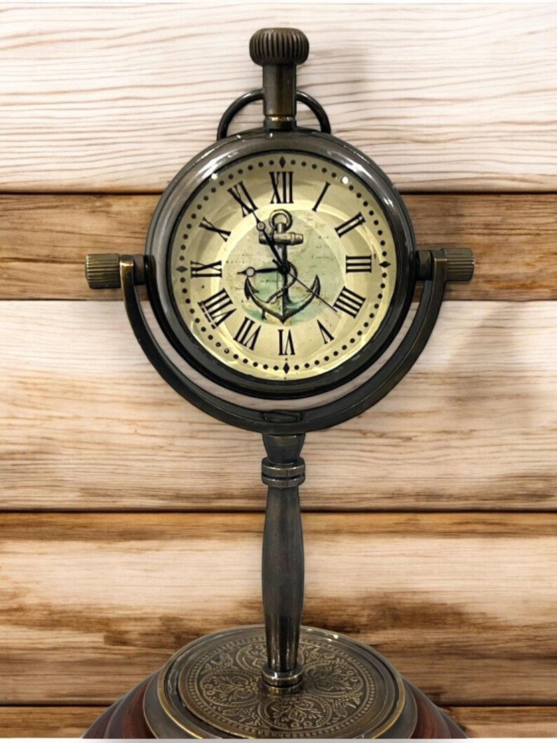 Brass Desk Clock with Anchor Dial and Wooden Base view 3