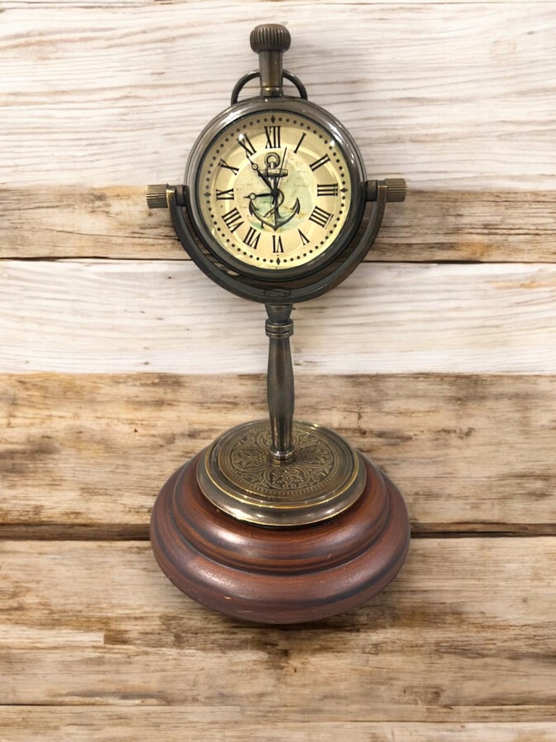 Brass Desk Clock with Anchor Dial and Wooden Base view 7