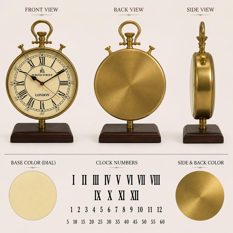 Tall Brass Desk Clock, Bond Street London Dial view 4