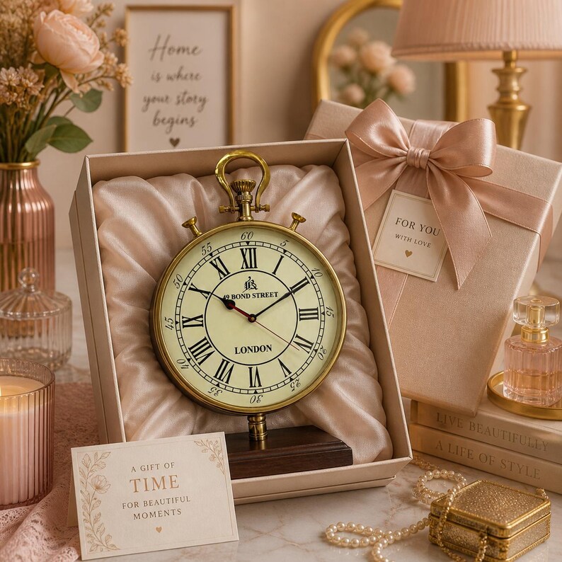 Tall Brass Desk Clock, Bond Street London Dial view 6