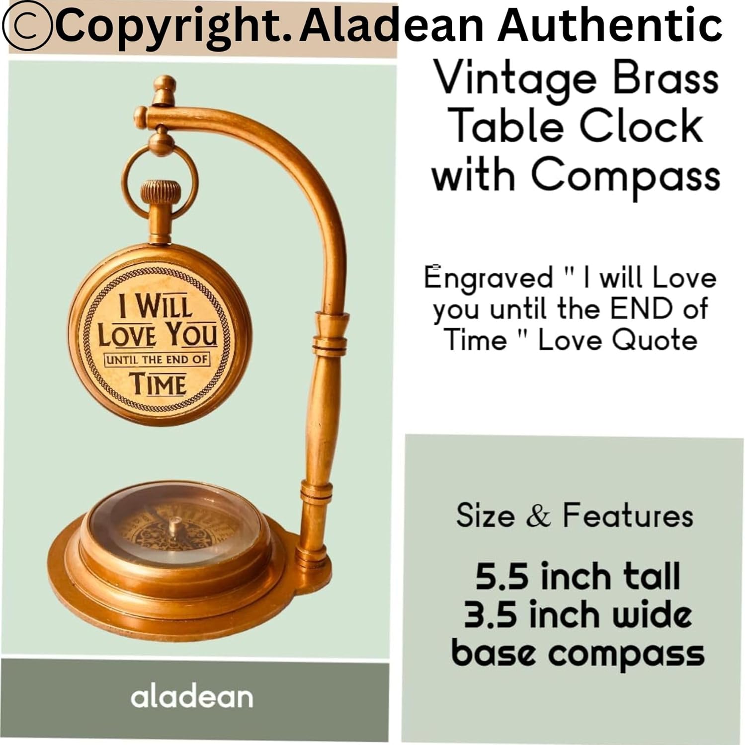 Brass Desk Clock with Working Compass, Victoria London Dial (Alternate Design) view 2