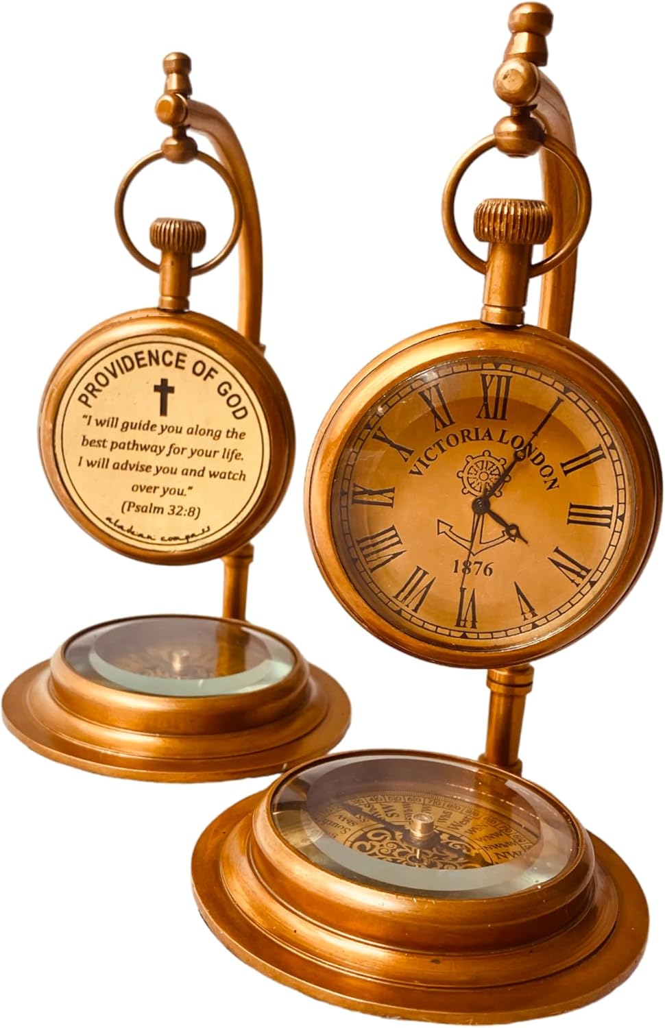 Brass Desk Clock with Working Compass, Victoria London Dial (Alternate Design) view 8