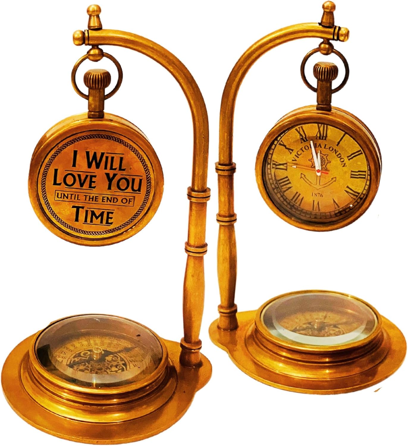 Brass Desk Clock with Working Compass, Victoria London Dial (Alternate Design) view 9