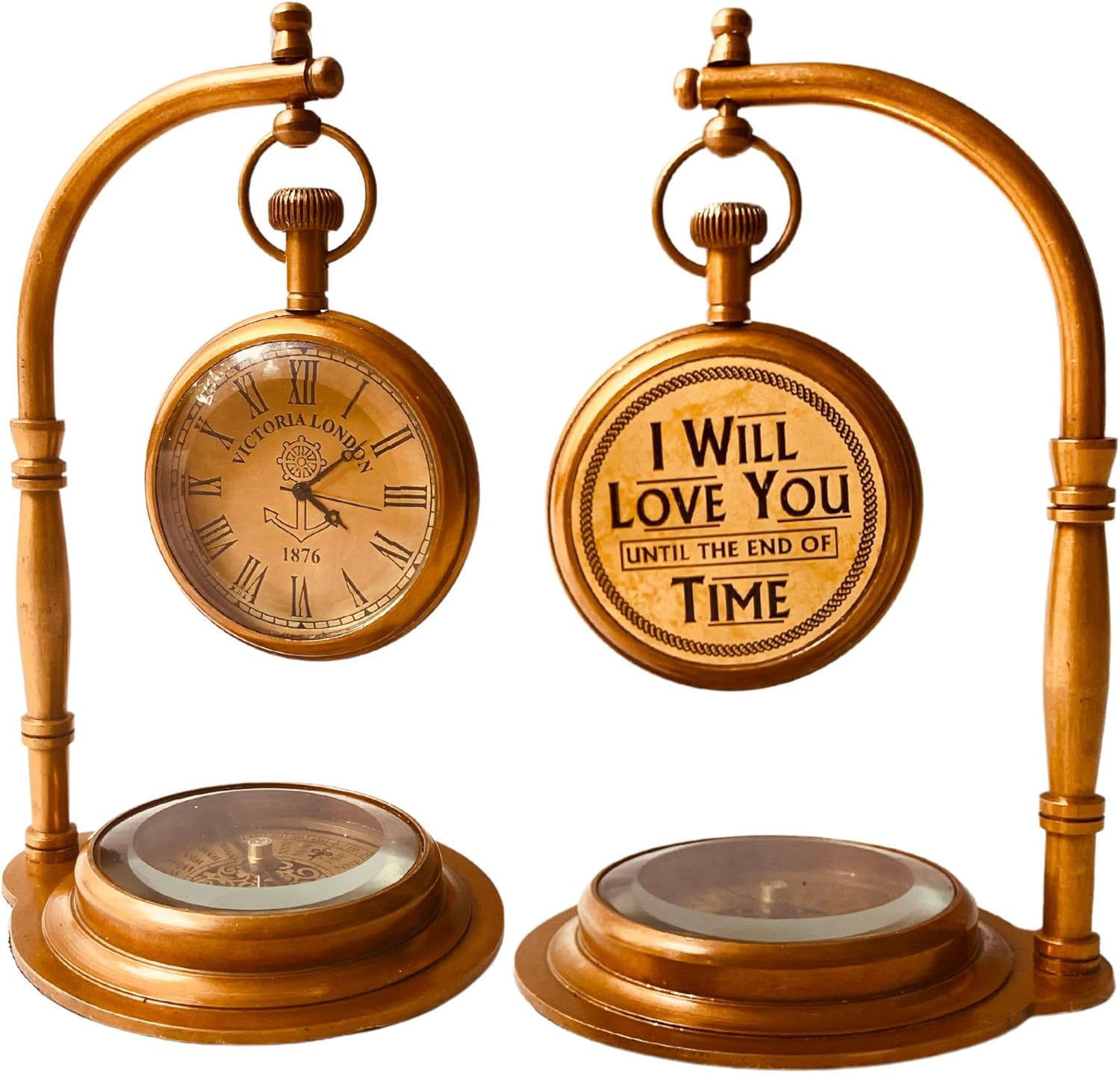 Brass Desk Clock with Working Compass, Victoria London Dial (Alternate Design) view 12