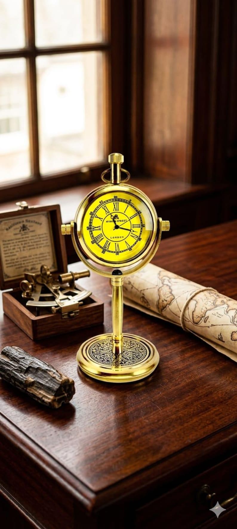 Brass Desk Clock with Embossed Floral Back view 3