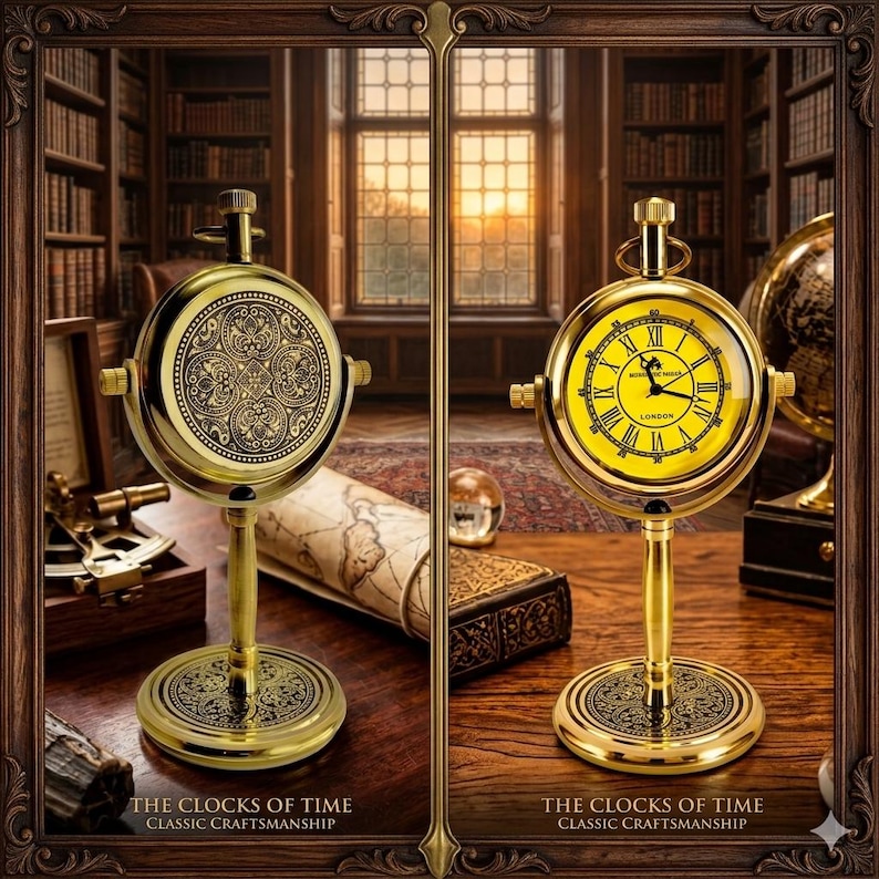 Brass Desk Clock with Embossed Floral Back view 5