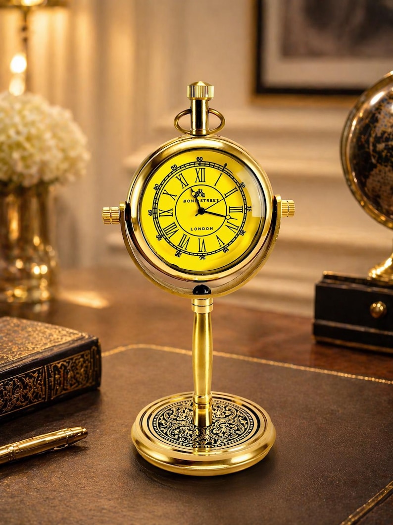 Brass Desk Clock with Embossed Floral Back view 6