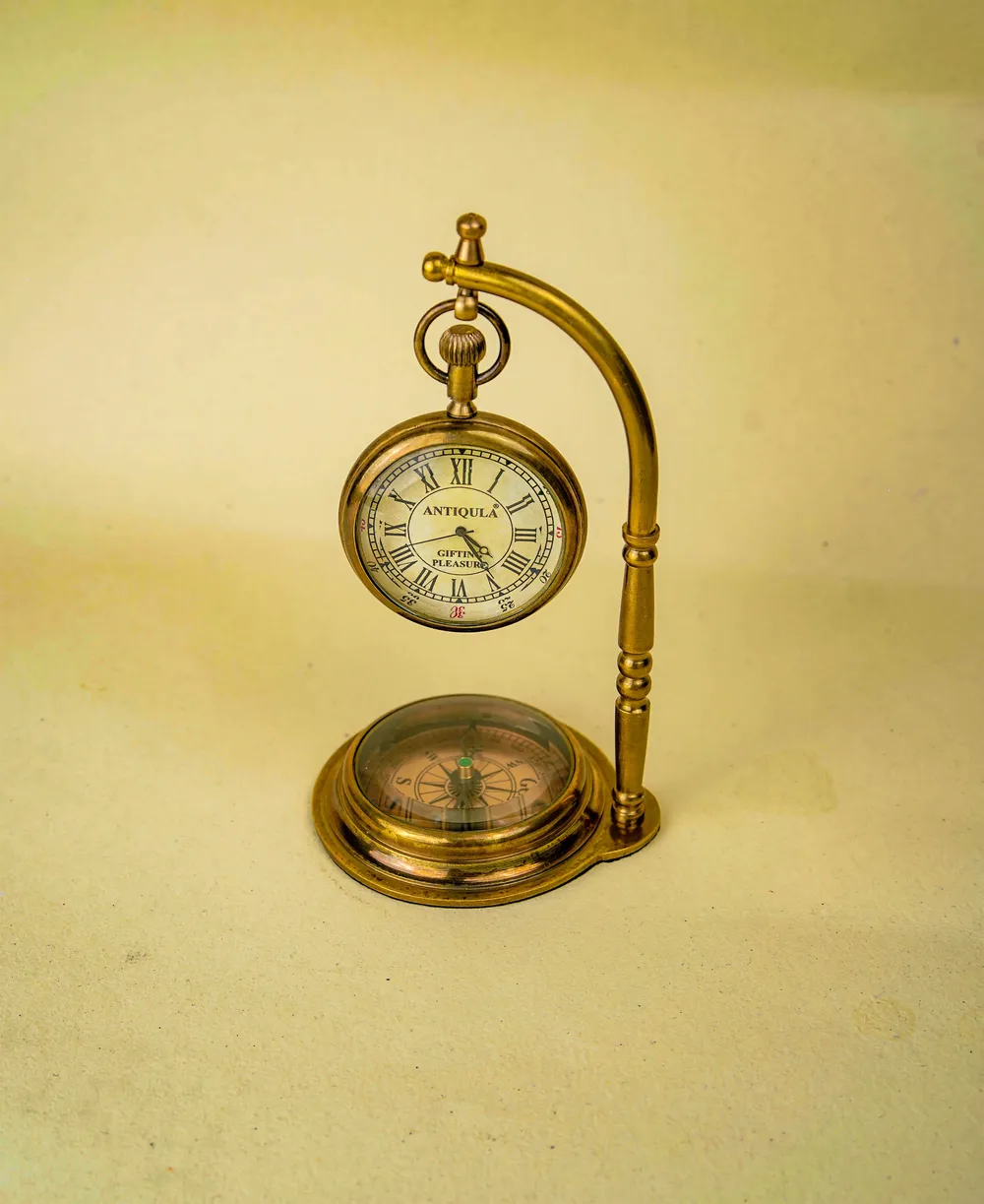 Hanging Brass Desk Clock with Working Compass view 3