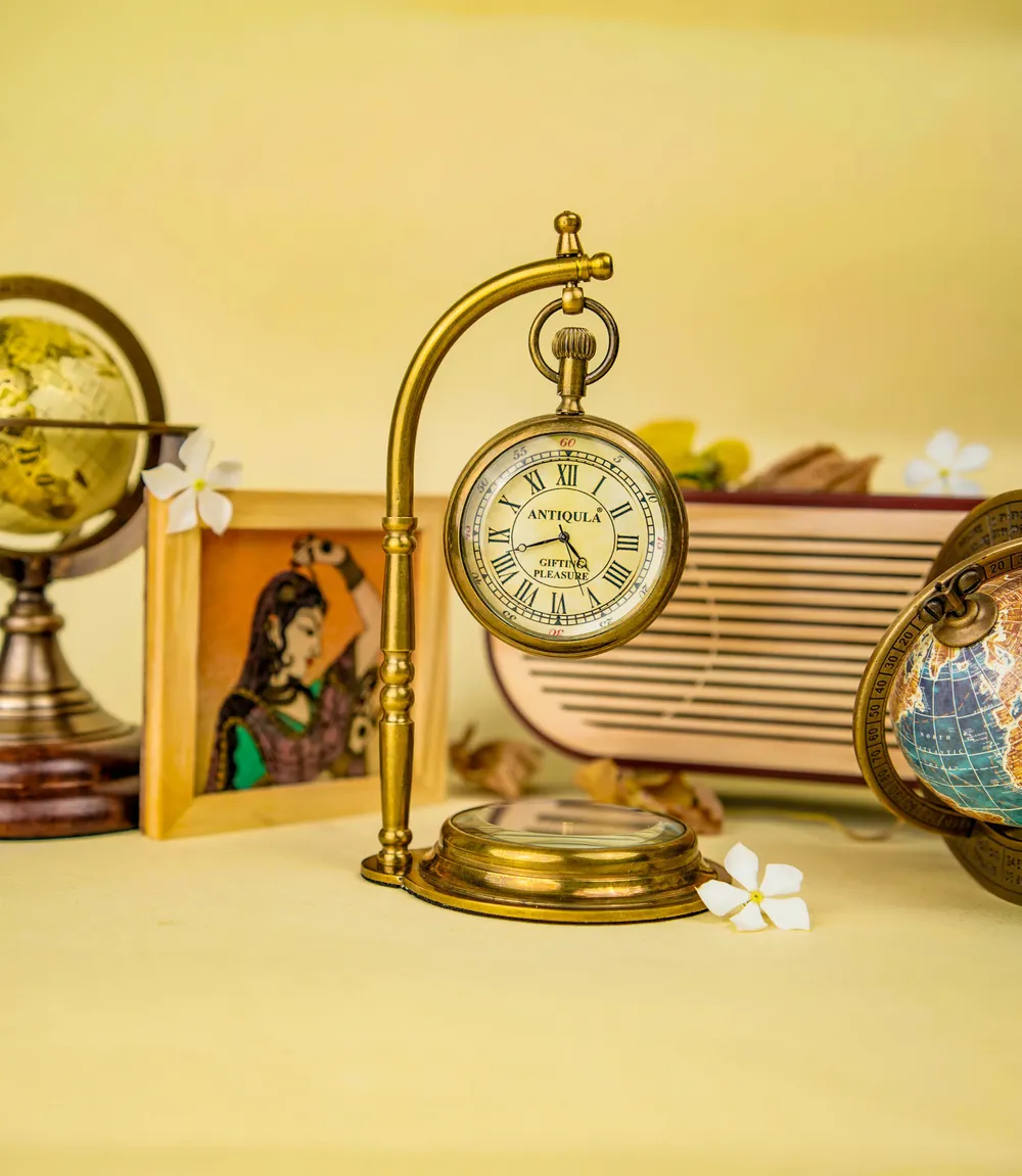 Hanging Brass Desk Clock with Working Compass view 4