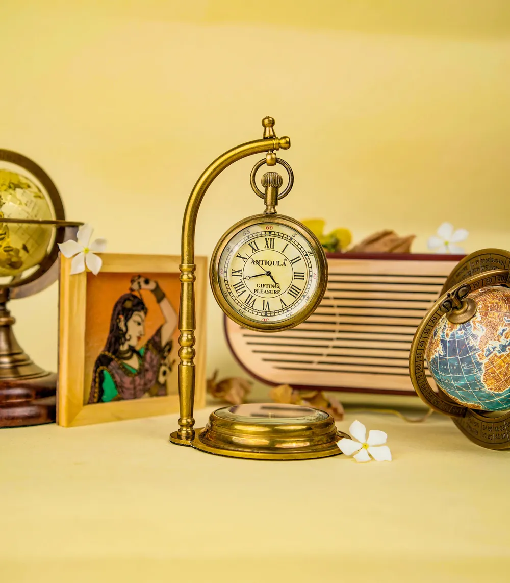 Hanging Brass Desk Clock with Working Compass view 7
